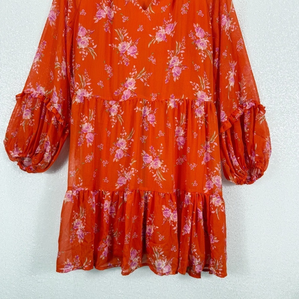 Floral Orange V-Neck Feminine Long Sleeve Midi Dress Wedding Guest Large - Picture 4 of 15